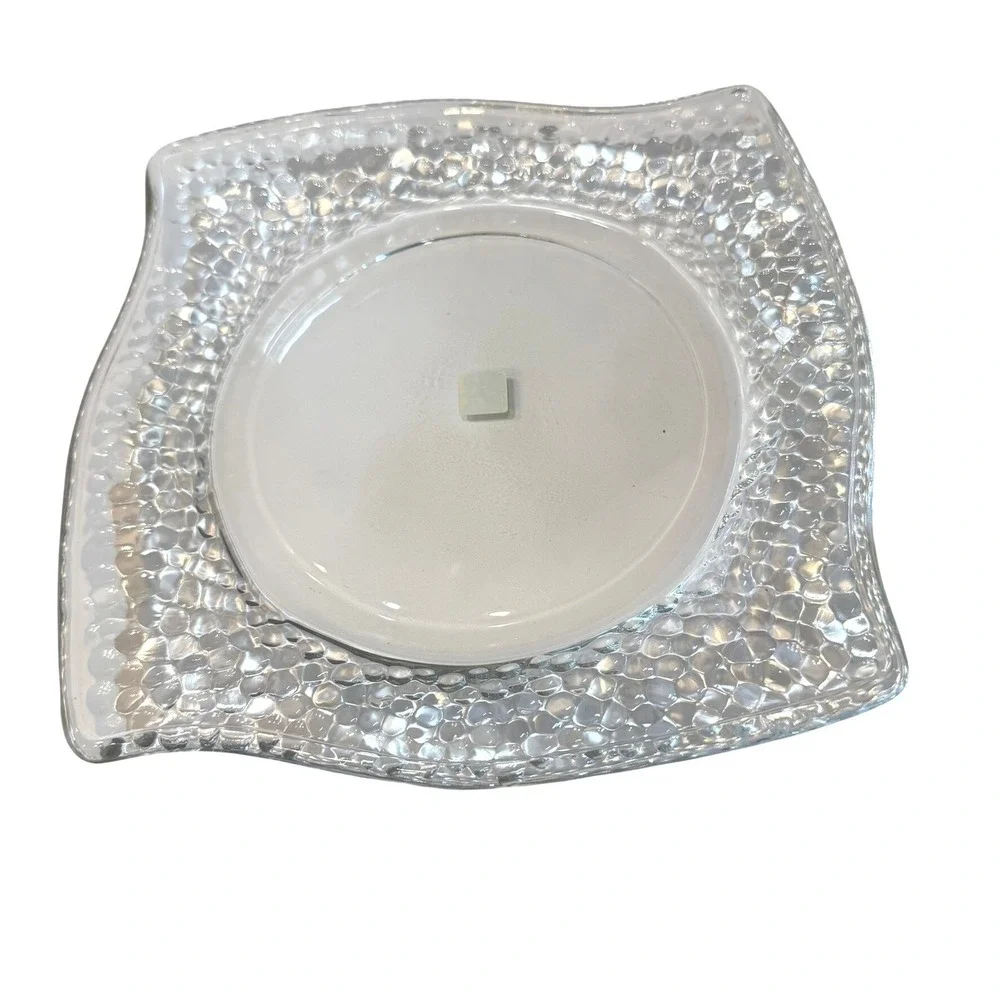 PartyLite Clear Textured Glass 3-Wick‎ Candle Holder Plate Wave Edge Table Decor